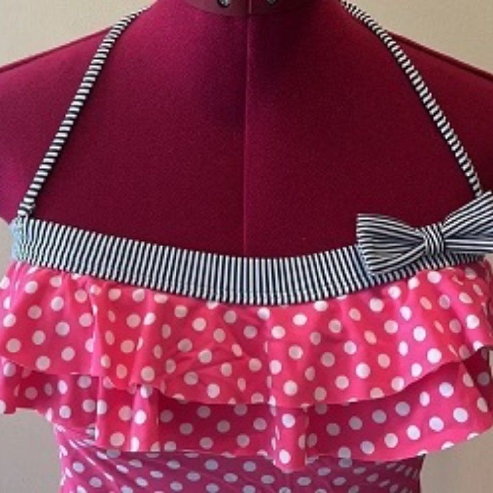 Arizona Jean Tankini ruffles size large/halter strap polka dots/ pink and white